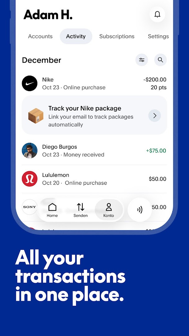 Me Tab screen for managing money, accounts, and app settings