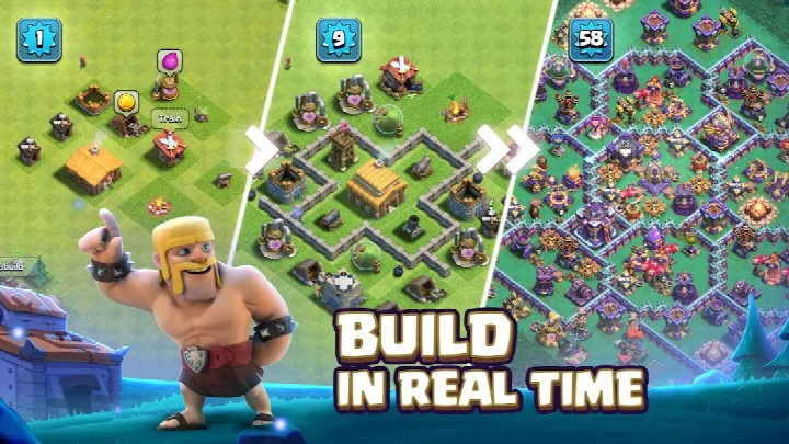 Clash of Clans main village view showing Town Hall, buildings, and resource collectors