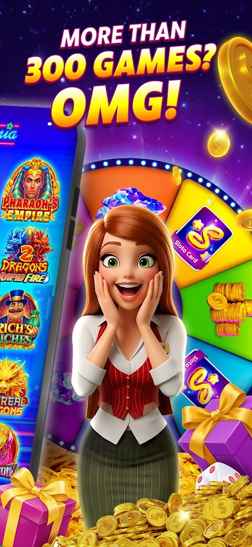 A slot machine gameplay screen in SlotomaniaTM Slots Casino Games with spinning reels.