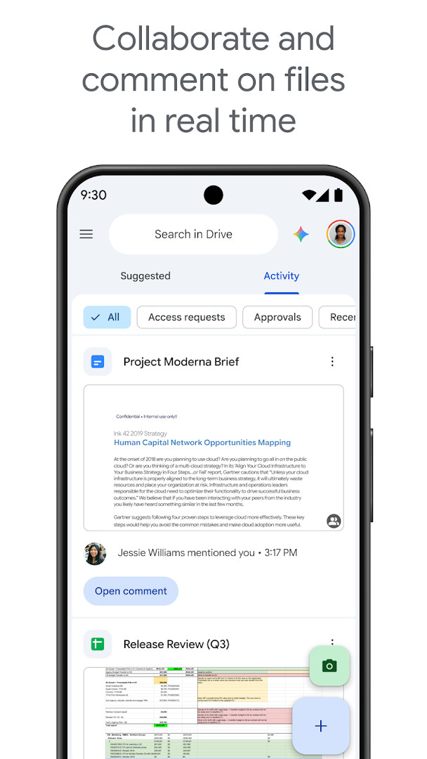 Google Drive camera scan screen for uploading paper documents