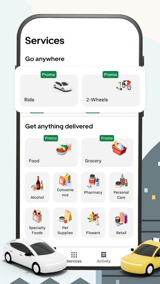 Home screen showing destination input and ride type options