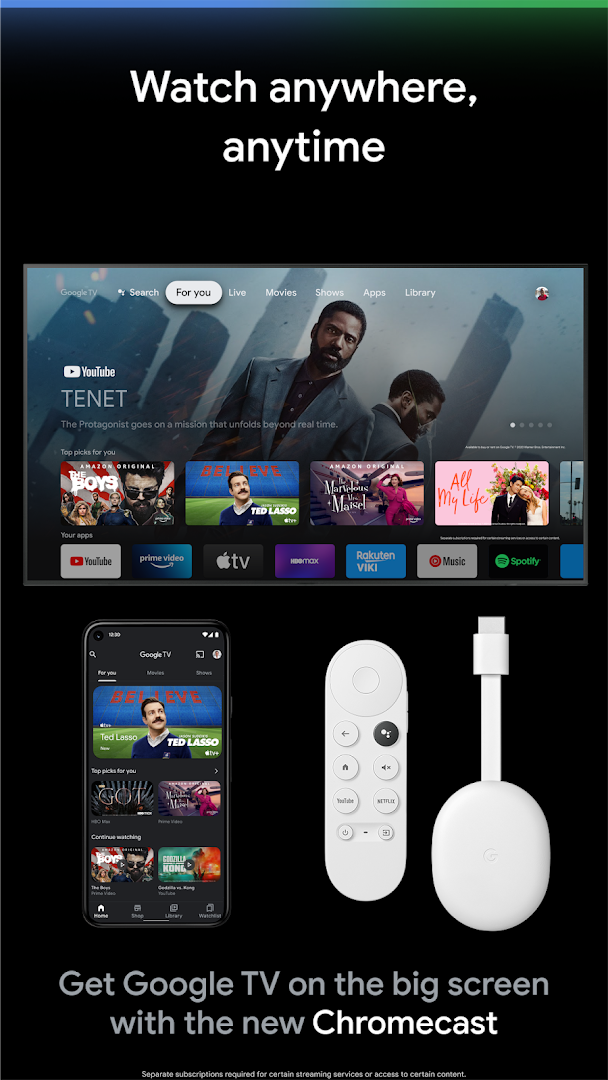 Google TV detail page for a movie with cast and streaming options.