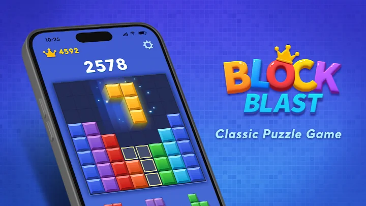 Block Blast! 8x8 board with colorful blocks placed for a puzzle round
