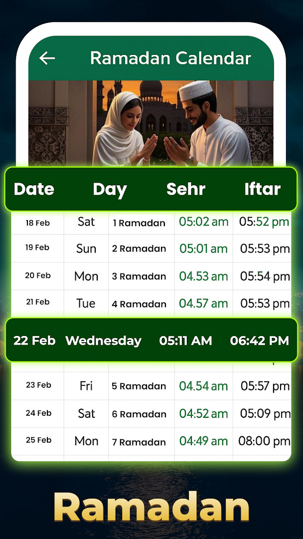 Prayer alarm settings screen with selectable adhan ringtones for namaz reminders