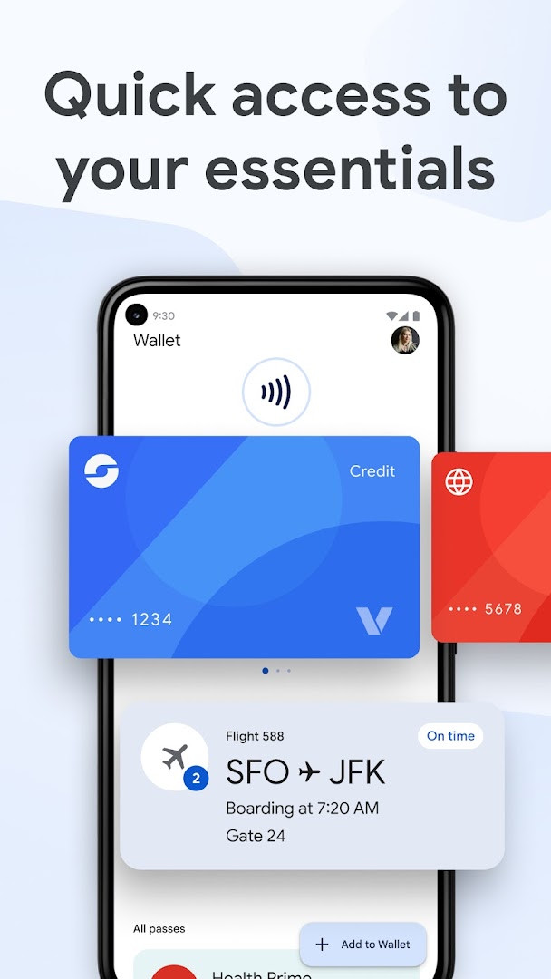 Google Wallet home screen showing saved payment cards ready for tap to pay