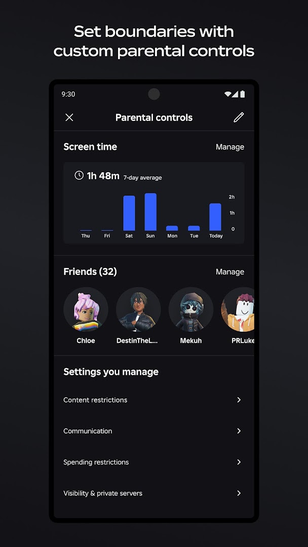 Roblox settings menu with options for privacy, notifications, and more.