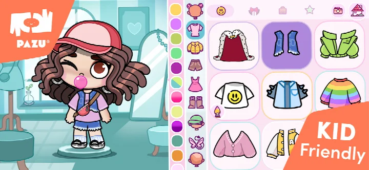 Character selecting unique clothes and colorful hairstyles in a dressing room