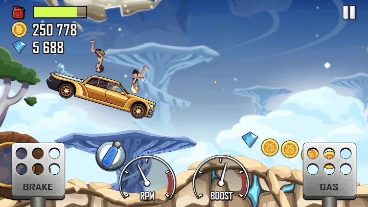 Hill Climb Racing vehicle selection menu displaying a variety of cars including bikes, trucks, and the creepy Carantula.
